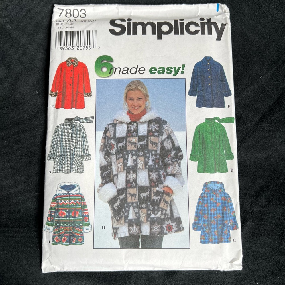 Coat Pattern 6 Made Easy Simplicity 7803 Sz AA XS,S,M Misses Winter Sewing